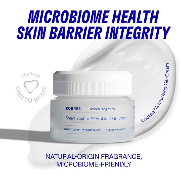 KORRES Greek Yoghurt Probiotic Gel-Cream 40 ml kasvovoide ja pehmeä, viilentävä valkoinen voidekoostumus.