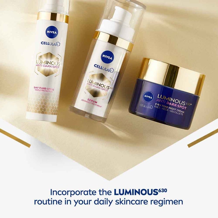 NIVEA Luminous630 Anti Dark-Spot Night Cream 50 ml pigmenttiläiskiä vaalentava yövoide sinisessä purkissa kultaisella korkilla.