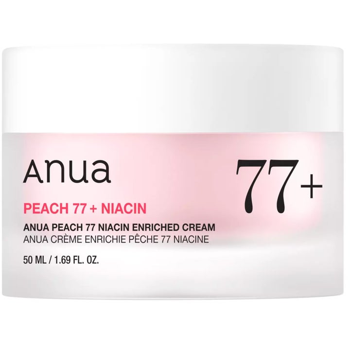Anua Peach 77 Niacin Enriched Cream 50 ml kirkastava kasvovoide huurretussa purkissa valkoisella korkilla