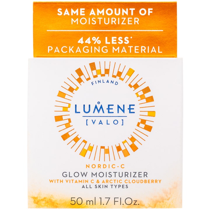 Lumene Nordic-C Glow Moisturizer 50 ml kirkastava C-vitamiini kasvovoide pahvipakkauksessa jossa on oranssi yläosa.