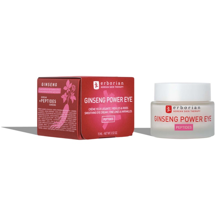 Erborian Ginseng Power Eye 15 ml silmänympärysvoide silottaa juonteita punaisessa pakkauksessa ja lasipurkissa.