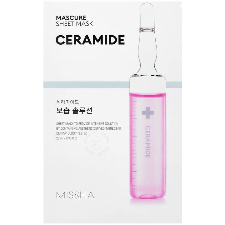 Missha Mascure Sheet Mask Ceramide 28 ml vahvistava kangasnaamio valkoisessa pakkauksessa jossa on pinkki ampulli