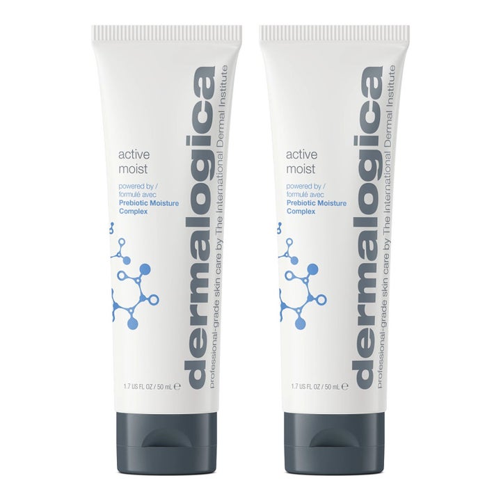 Dermalogica Active Moist 2x50 ml kosteuttava kasvovoide valkoisissa tuubeissa harmailla korkeilla