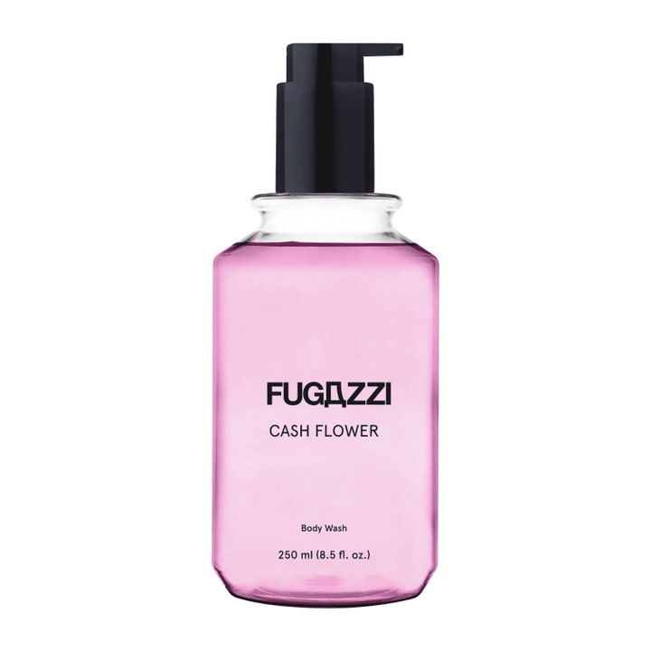 Fugazzi Cash Flower 250 ml puhdistava suihkugeeli vaaleanpunaisessa pumppupullossa mustalla korkilla.