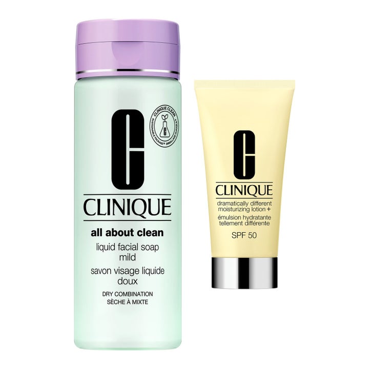 Clinique All About Clean ja Moisturizing Lotion SPF 50 puhdistava setti vaaleanvihreä pullo ja keltainen tuubi