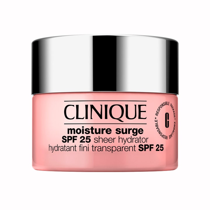 Clinique Moisture Surge SPF 25 Sheer Hydrator kosteuttava päivävoide vaaleanpunaisessa purkissa hopeisella korkilla