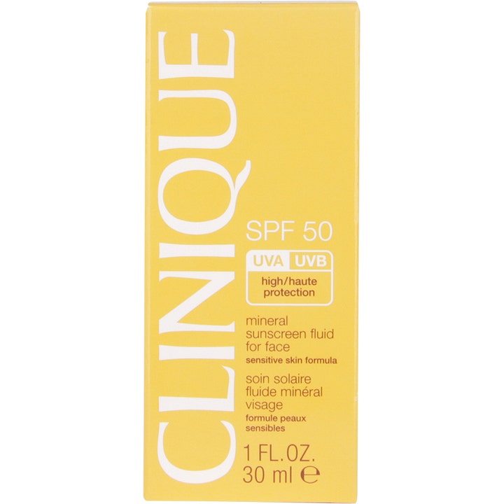 Clinique SPF50 Mineral Sunscreen Face 30 ml aurinkovoide kasvoille keltaisessa pahvipakkauksessa suojaa herkkää ihoa.