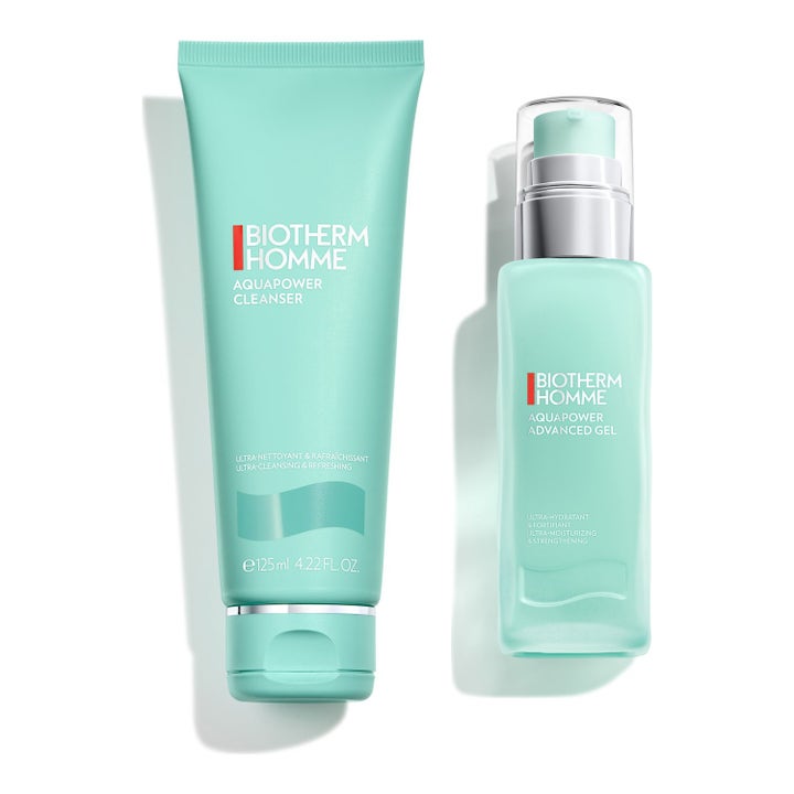 Biotherm Homme Aquapower Cleanser 125ml ja Advanced Gel kosteuttava setti mintunvihreässä tuubissa ja pumppupullossa.