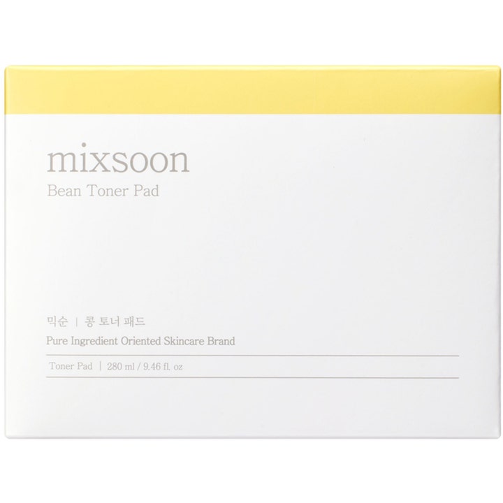 Mixsoon Bean Toner Pad 70 kpl kosteuttava kasvovesi valkoisessa pakkauksessa keltaisella yläosalla.