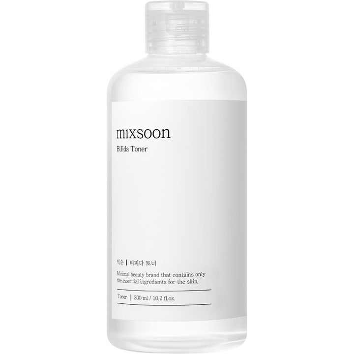 Mixsoon Bifida Toner 300 ml vahvistava kasvovesi kirkkaassa muovipullossa jossa on valkoinen minimalistinen etiketti